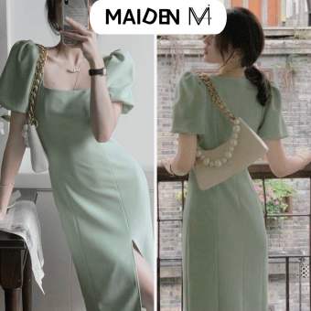 Váy cổ vuông tay bồng xẻ tà, đầm cổ vuông tay phồng, đầm nữ cổ vuông