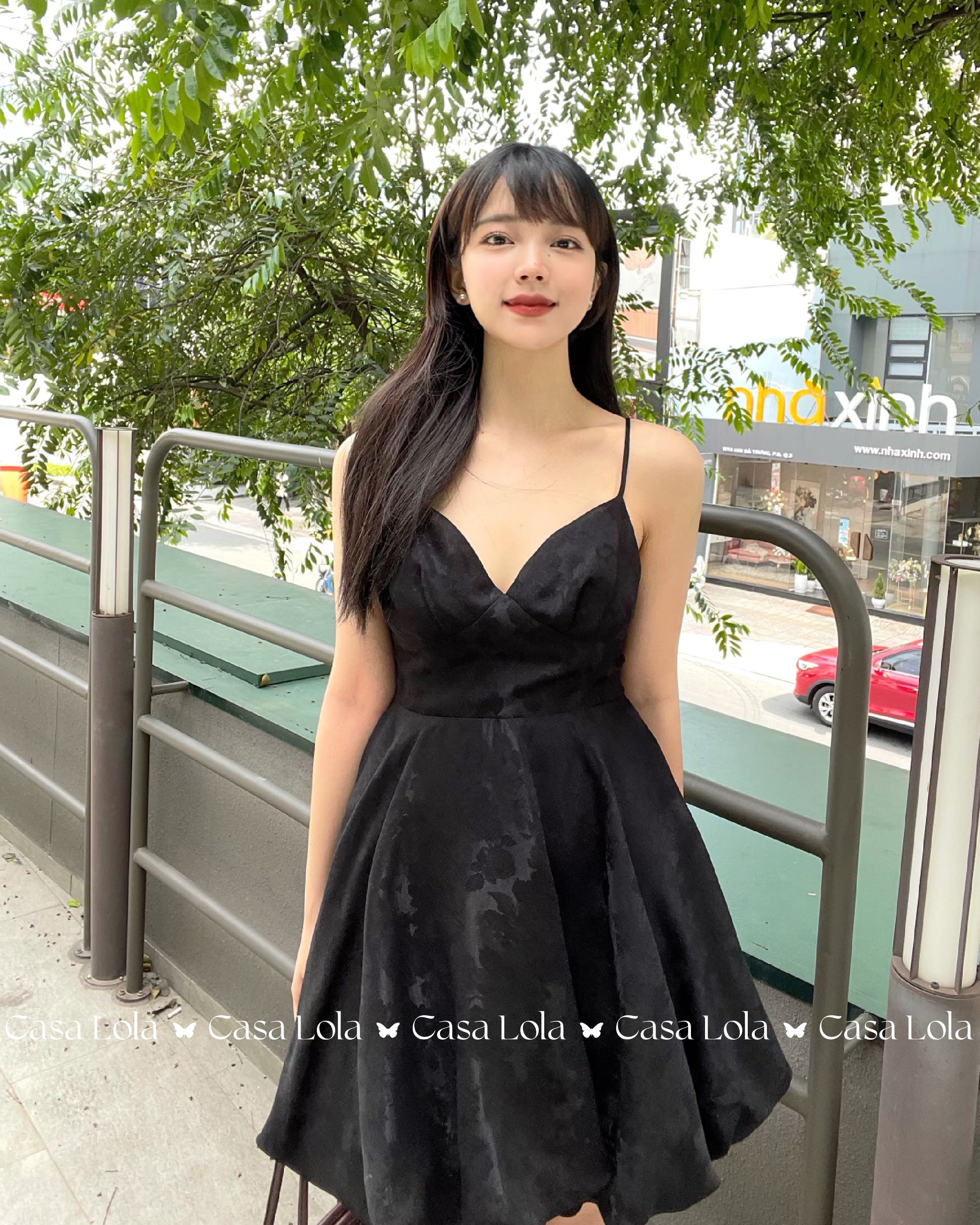 Casa Lola - Đầm hai dây cúp ngực họa tiết vân gấm đen
