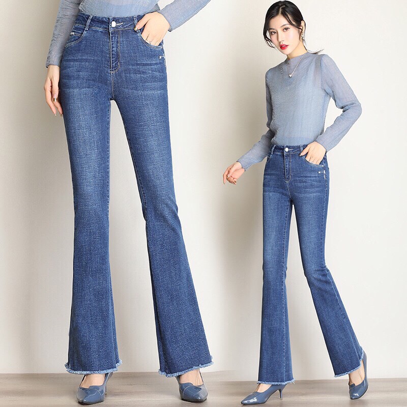 Quần jeans nữ skinny ống bass co giãn, quần nữ ống loe tua lai co giãn tốt