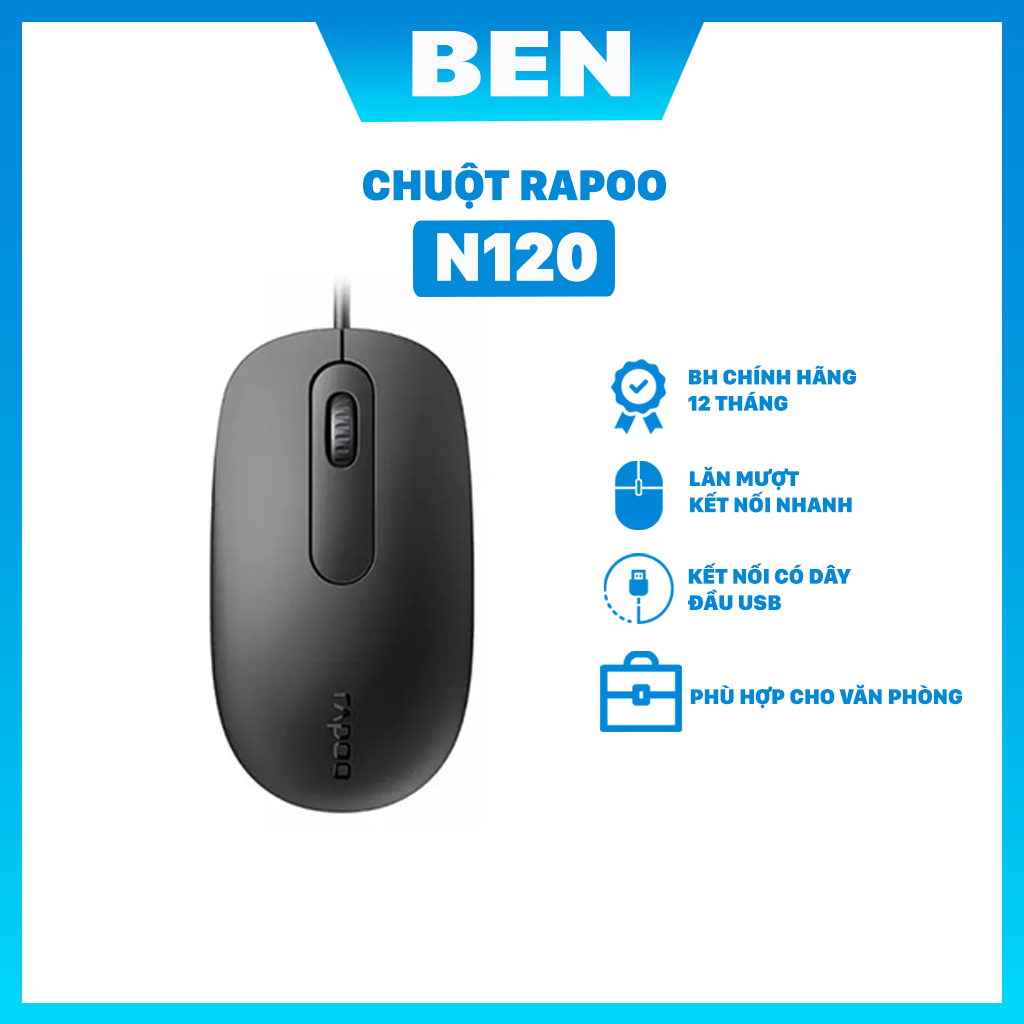 Chuột máy tính văn phòng có dây Rapoo N120 - Chính Hãng Bảo Hành 12 Tháng - Ben Computer Store