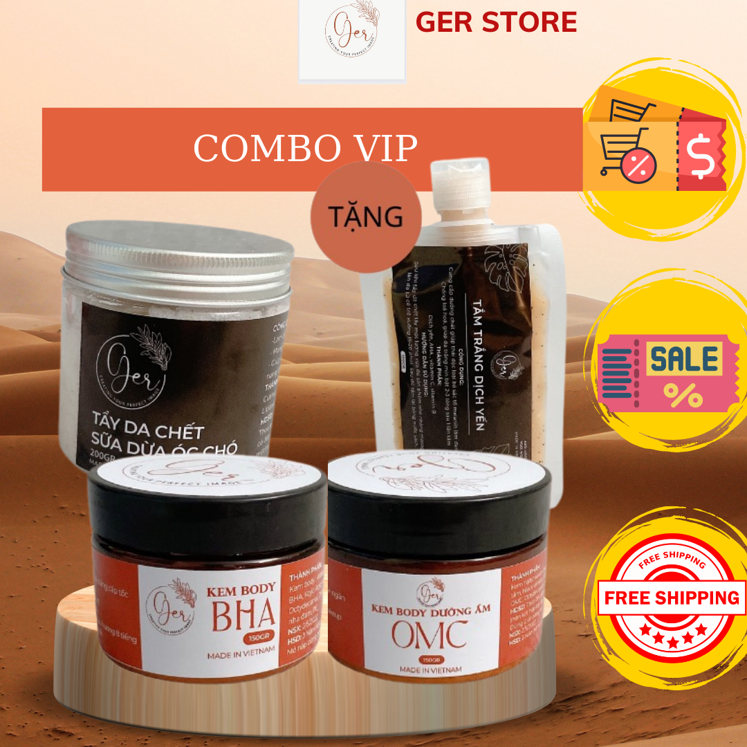 combo vip Ger Beauty ( kem body ngày đêm + tẩy da chết tặng kèm 1 tắm trắng), giúp trắng da cấp tốc sau 5-10 ngày sử dụng, trọng lượng 500g