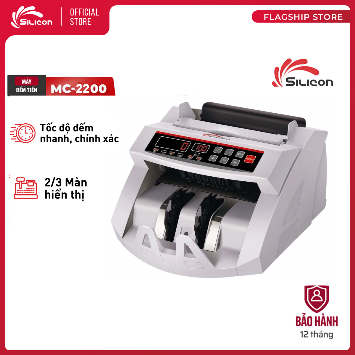 Máy đếm tiền mini tự động nhập khẩu Silicon MC-2200, Tốc độ đếm≥1000 tờ/phút , đếm VND,USD & EURO, 2 màn hình hiển thị - Bảo hành 1 năm
