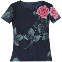 REHIN Womens top Summer fashion mesh print positioning flower short-sleeved T-shirt round neck slim fit tide blouse