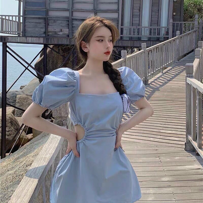 Đầm hở lưng dáng chữ A, đầm nữ đơn giản rút dây eo dễ thương, đầm tiểu thư tay phồng, váy xòe mặc đi chơi
