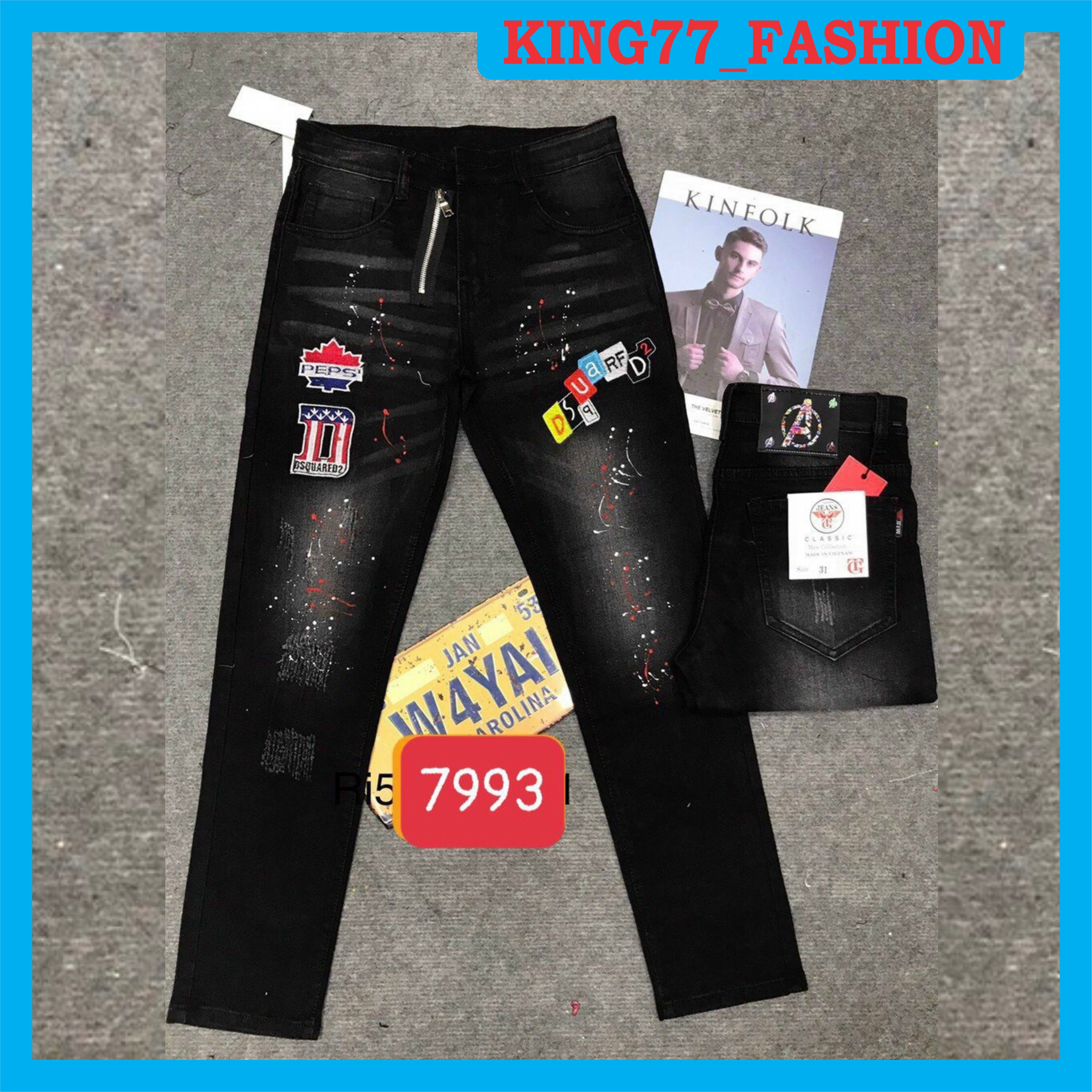 Quần jean nam mẫu mới, chất bò co dãn thêu hoạ tiết cào xước nhẹ vẩy sơn thiết kế khoá lệch cá tính độc đáo hottren hàng cao cấp