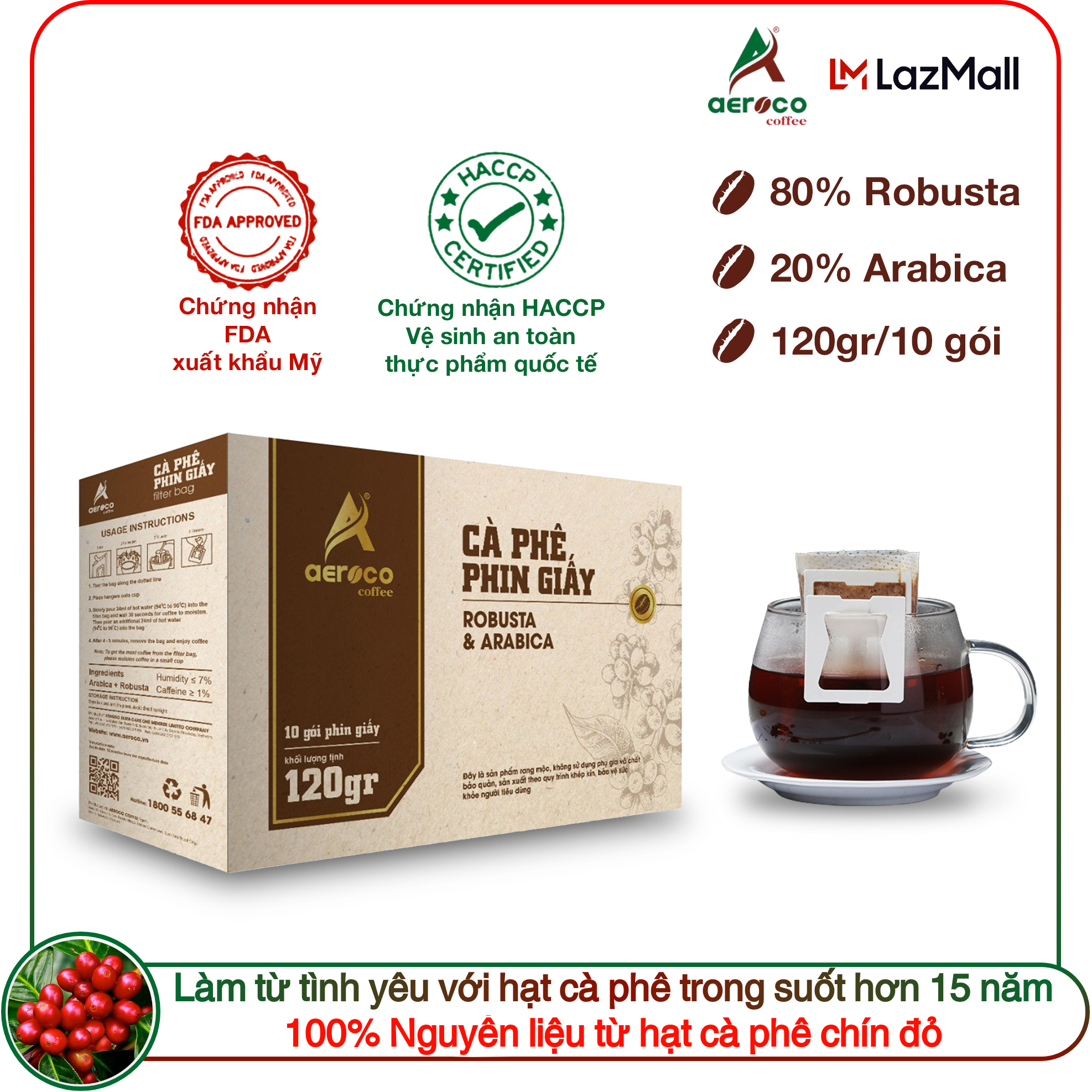 Cà phê phin giấy AEROCO COFFEE nguyên chất 100%, cà phê rang mộc hậu vị ngọt thơm quyến rũ, cafe túi lọc hộp 120g