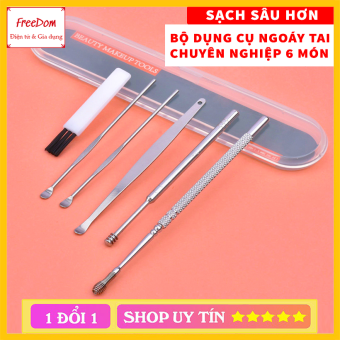 Bộ Dụng Cụ Ngoáy Tai Inox 6 Món (5 cây +1 chổi) -Bộ Lấy Ráy Tai Thép Không Rỉ 6 Món - Bộ Massage Tai