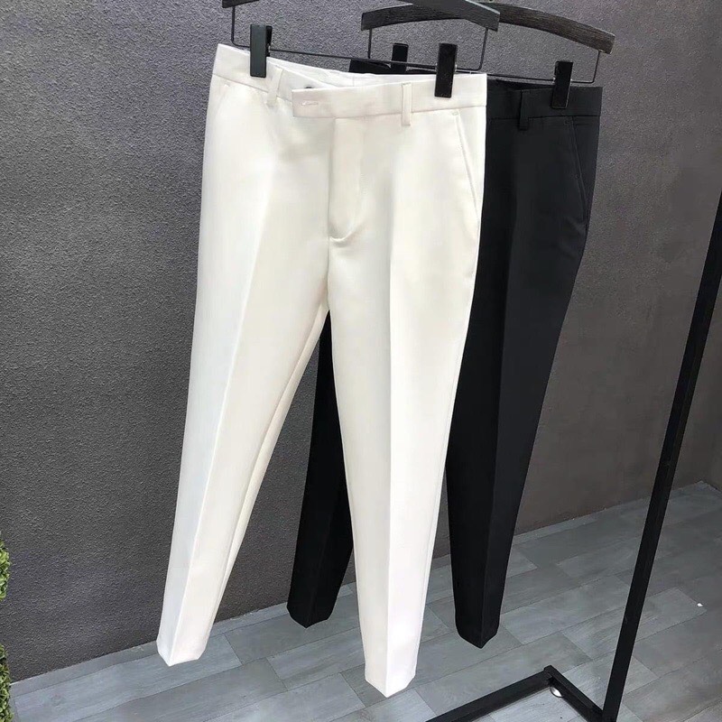   VNXK  Quần tây nam quần tây âu nam quần vải nam học sinh sinh viên văn phòng Hàn Quốc chất liệu vải co giãn dày dặn ống đứng xếp li ôm dáng người mặc  Đen  