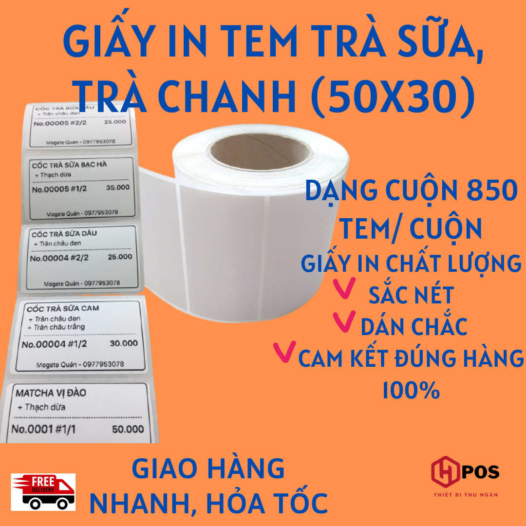 Giấy in tem trà sữa, trà chanh khổ 50x30