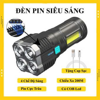 Đèn Pin Siêu Sáng Cầm Tay Chiếu Xa 4 Chế Độ Sáng Tiện Dụng, Đèn Pin Mini Chiếu Xa Có COB Led Cạnh, Đèn Pin Chiếu Xa Chống Thấm Nước, đèn pin 4 bóng