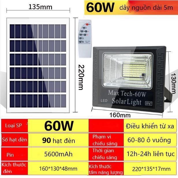 ĐÈN NĂNG LƯỢNG MẶT TRỜI 60W MAX TECH SOLAR LIGHT - ĐIỀU KHIỂN TỪ XA - PIN SẠC TRỌN DỜI - D1082