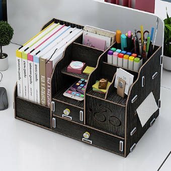 Kệ sách gỗ để bàn đựng bút đựng khăn giấy có 2 ngăn kéo VP03 - Màu Đen