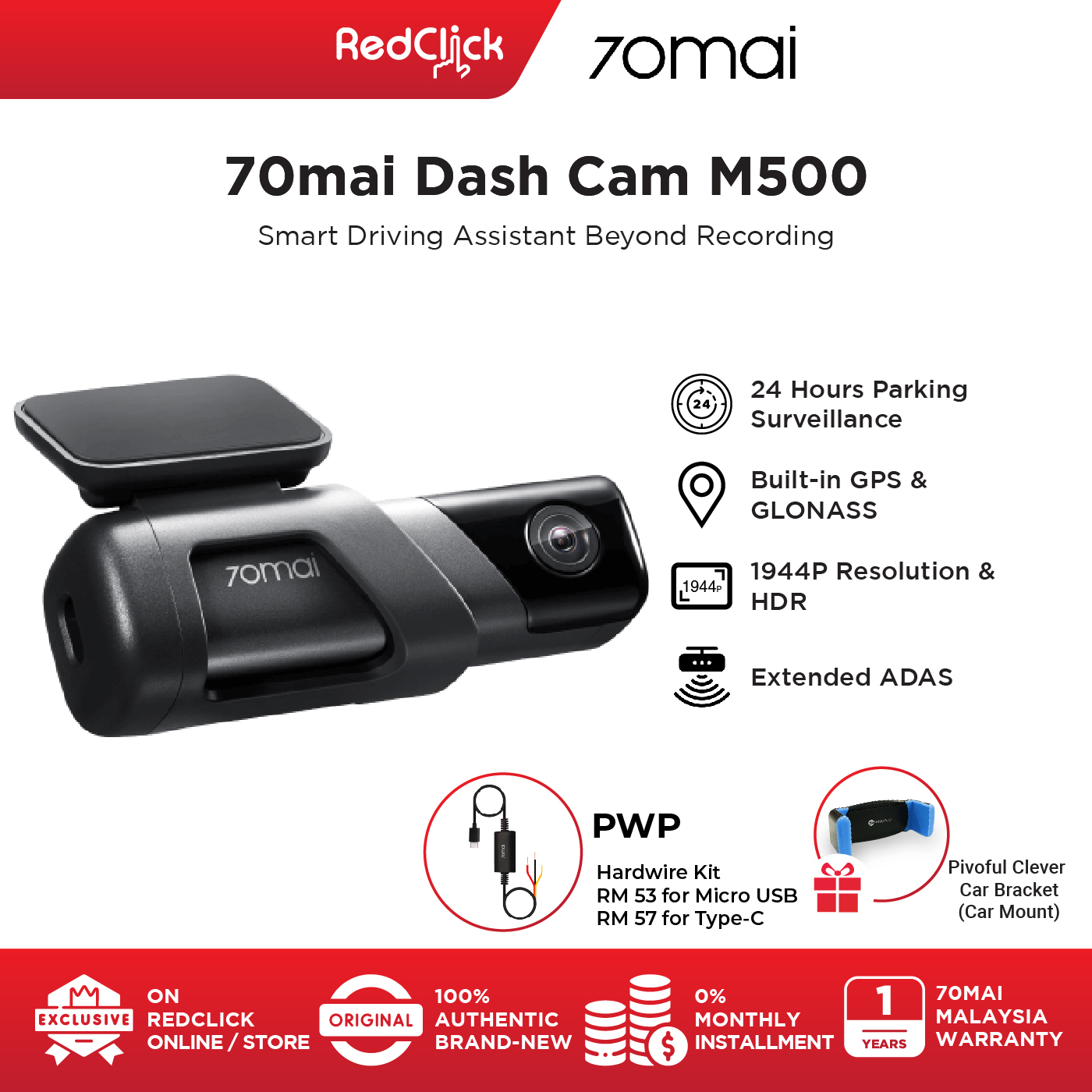 70mai Dashcam M500 1944P 3K UHD Resolution Wide Viewing Angle Built-In GPS ADAS System Time-Lapse Recording 24 Hours Parking Surveillance Powerful Night Vision + Free Gift