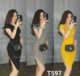 Đầm thun ôm body xẻ tà dạo phố T597