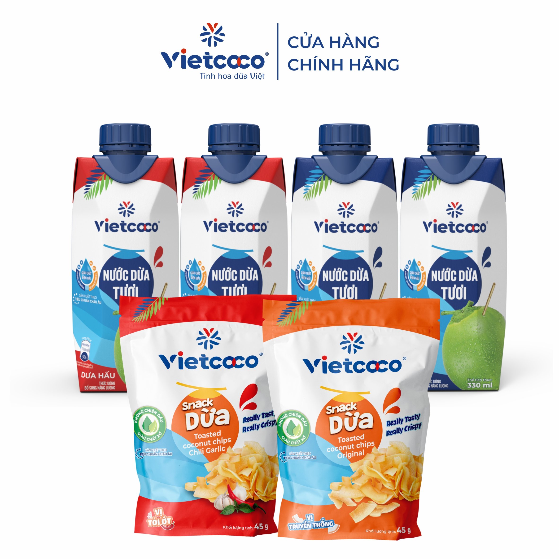 Combo thanh nhiệt VIETCOCO (nước dừa tươi, nước dừa dưa hấu, snack dừa truyền thống + tỏi ớt)