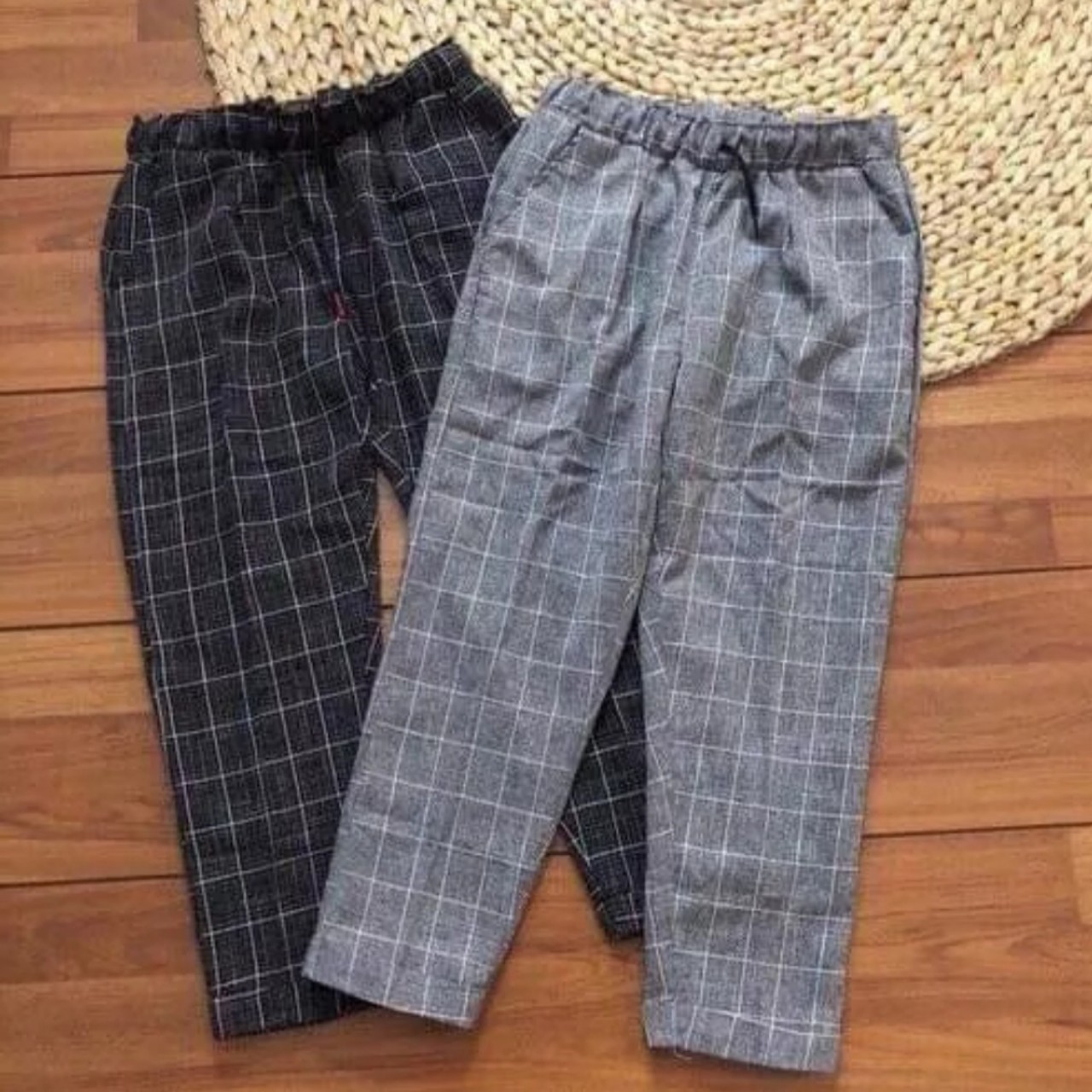 Quần baggy 9 tấc sọc karo, quần baggy vải sọc karo 9 tấc nữ
