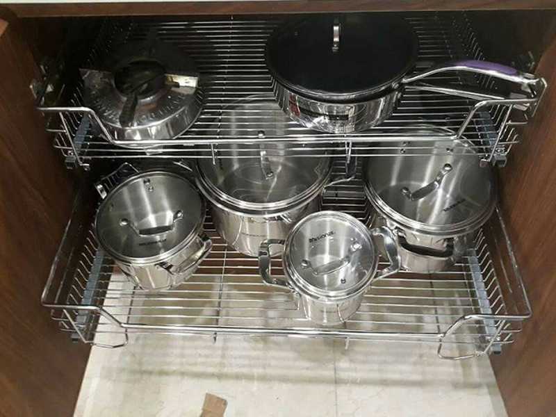 Kệ để xoong nồi Kệ xoong nồi bát đĩa 2 tầng bằng Inox 304 không gỉ, ray trượt bằng Inox 304 .