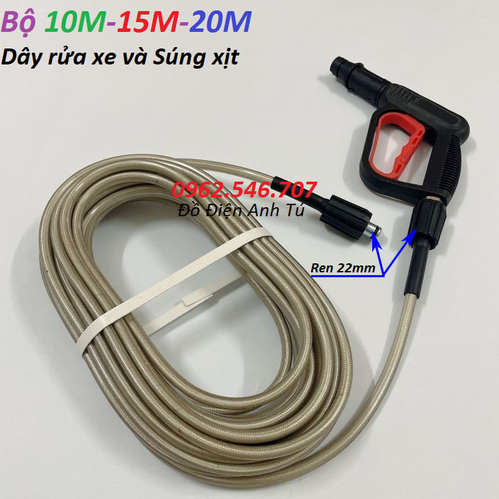 Bộ 10m-15m-20m-30m dây rửa xe và súng xịt - súng rửa xe áp lực cao ren 22mm loại tốt