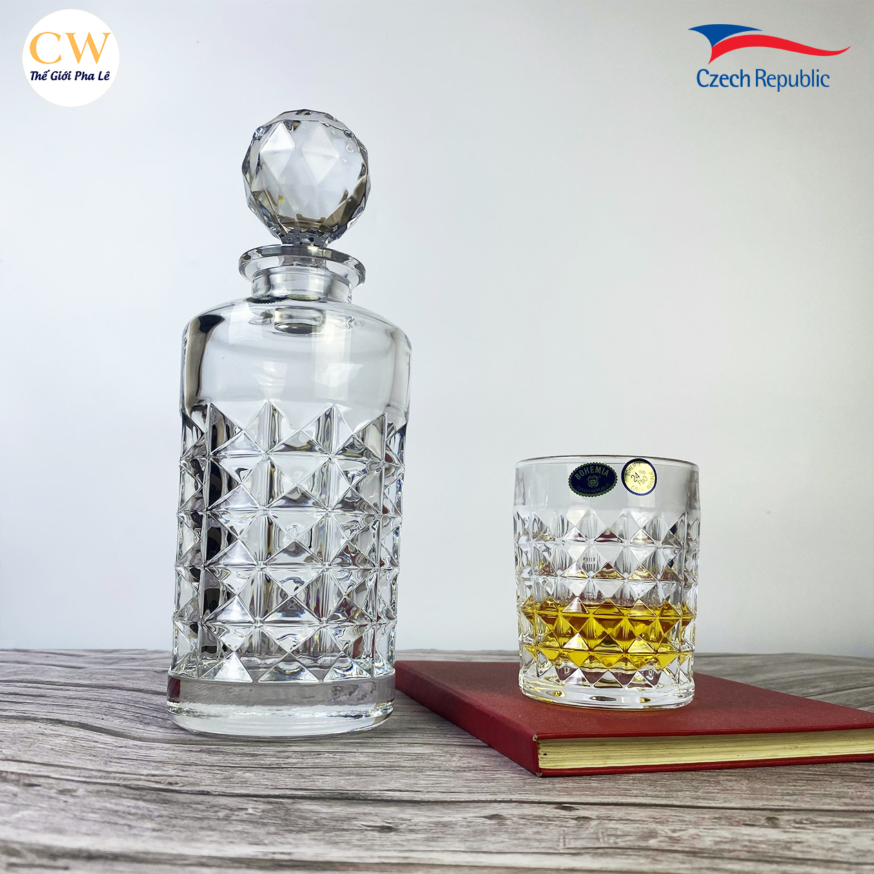 Bộ Bình Ly Whisky Diamond Pha Lê Tiệp Khắc Chính Hãng Bohemia Crystalite