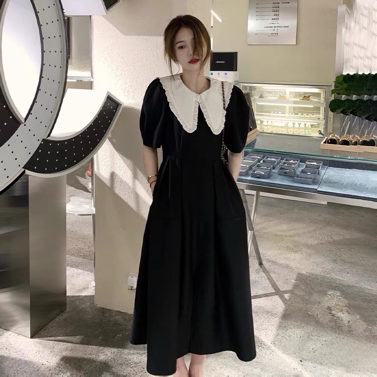 Váy tiểu thư váy đen dài cổ trắng cách điệu váy đen maxi tay áo phồng cọc tay váy đi biển váy đi làm váy đi tiệc váy đi chơi