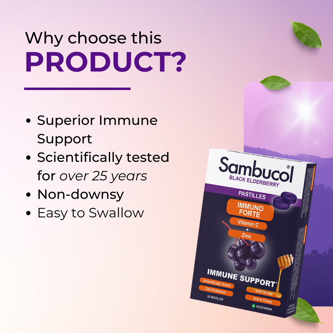 Why choose Sambucol Immuno Forte, PLUS Soothing Honey + Vitamin C + Zinc, Support Immune, 20 Pastilles