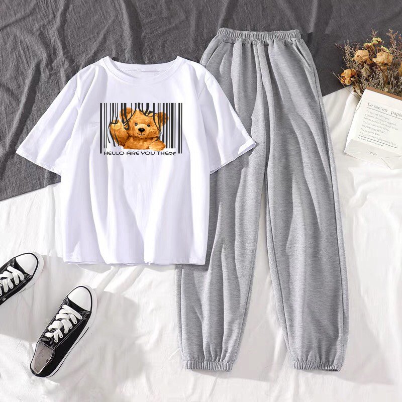 SÉT BỘ ÁO GẤU HELLO ARE YOU KÈM QUẦN BOM- KIỂU UNISEX