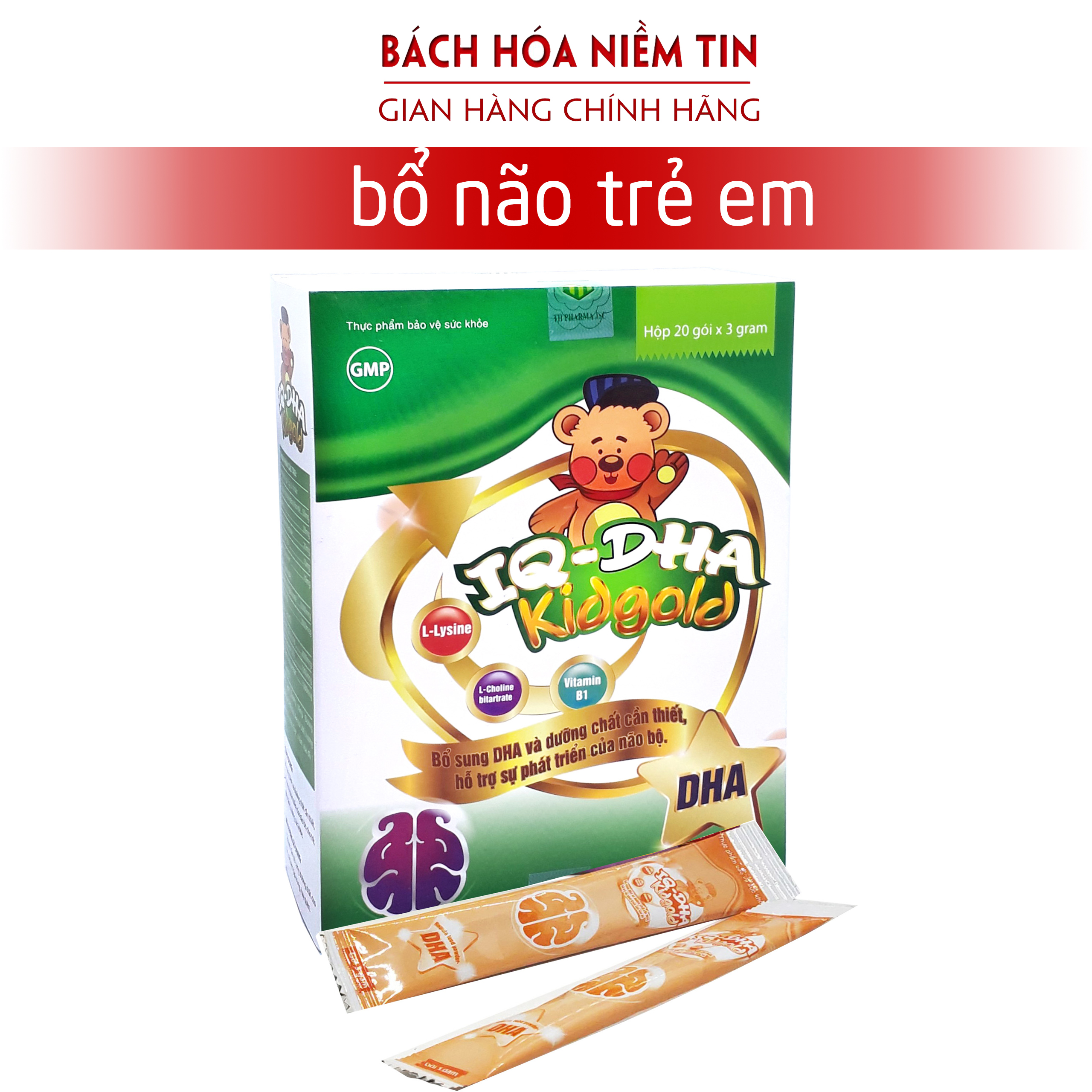IQ DHA Kidgold - Bổ sung DHA, Taurin, Lysin và vitamin giúp bé phát triển não bộ, bé thông minh, trí nhớ tốt - Hộp 20 gói 3g