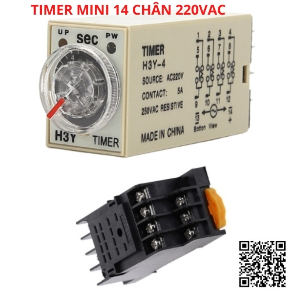 Timer Mini H3y-4 Rơ Le Thời Gian 14 Chân Dẹp Nhỏ Có 4 Bộ Tiếp Điểm No+Nc Tặng Kèm Chân Đế Pyf14a