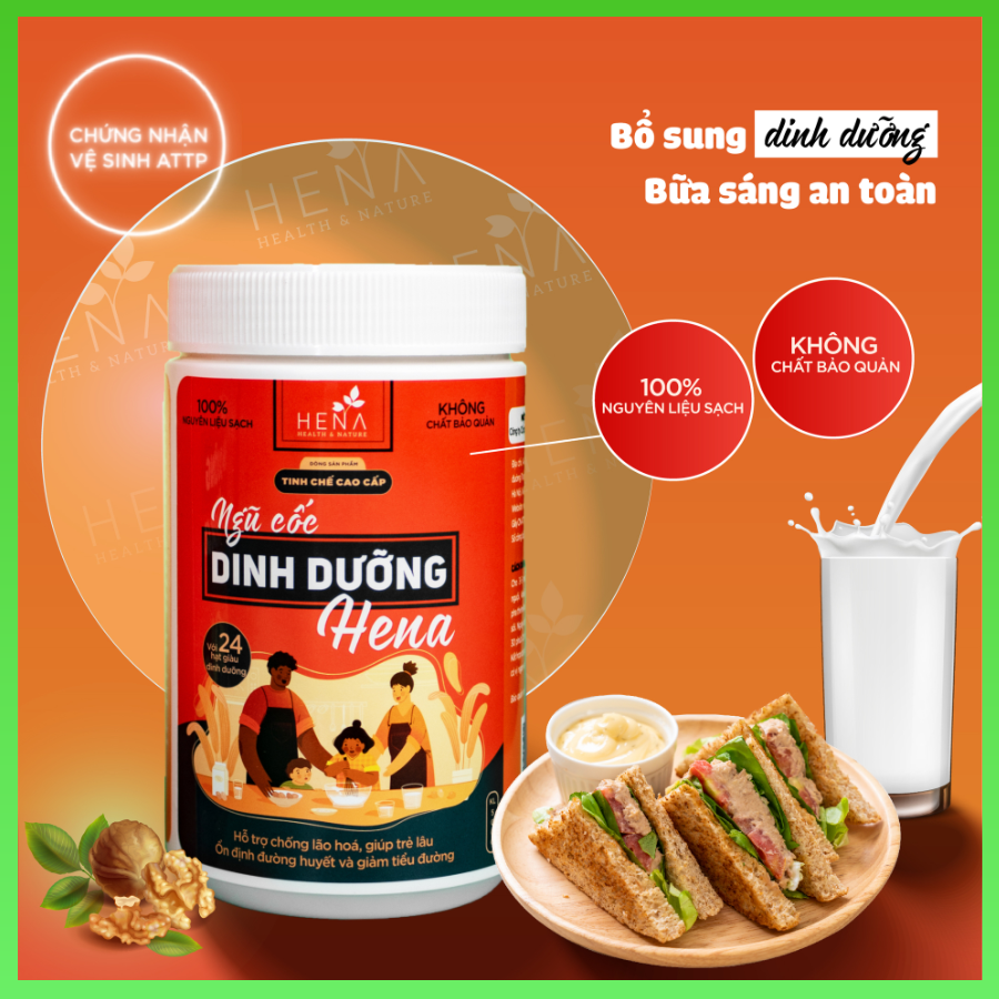 Ngũ Cốc Dinh Dưỡng Hena 500G. Bột Ngũ Cốc Ăn Sáng cho Cả Gia Đình từ 100% Nguyên Liệu Thiên Nhiên. Sản Phẩm Chính Hãng. Phù Hợp Mọi Lứa Tuổi. Bổ Sung Đầy Đủ Năng Lượng và Dưỡng Chất Thiết Yếu.