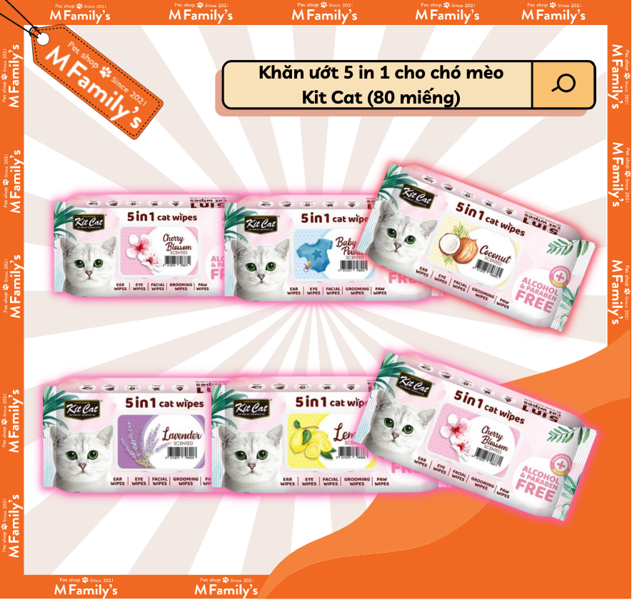 Khăn ướt 5 in 1 cho chó mèo Kit Cat| Khăn lau tai | Khăn lau mắt | Khăn lau mặt | Grooming Wipes | Khăn lau chân