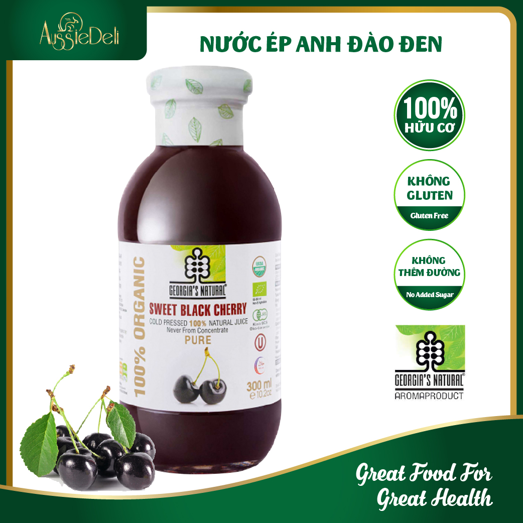 Chai Thủy Tinh 300ml - Nước Ép Lạnh Vị Anh Đào Đen 100% Nguyên Chất Không Đường - GEORGIA'S NATURAL - Nhập Khẩu Từ Georgia