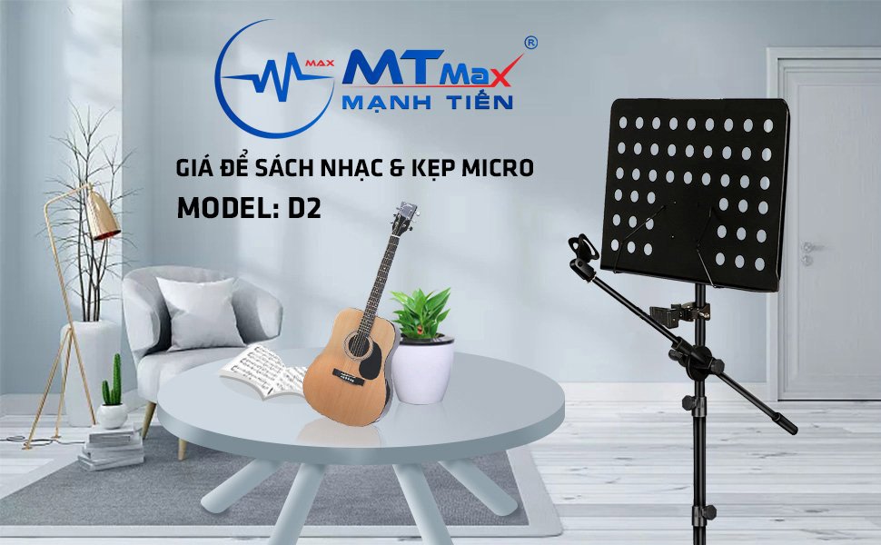 Giá để sách nhạc D2 - Kèm kẹp mic, kẹp điện thoại - Chân giá đỡ bản nhạc tích hợp chân đứng phòng thu gắn micro karaoke, micro thu âm - Chất liệu hợp kim chắc chắc, chiều cao thay đổi được từ 80cm đến 155cm - Chính hãng
