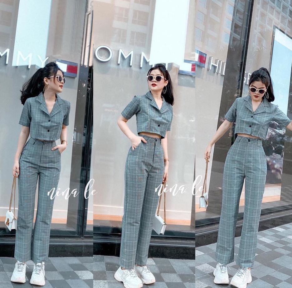 [Hàng Hot] Sét Đồ Bộ Nữ Caro Áo Cổ Vest & Quần Dài Thời Trang Kiểu Cách Đi Chơi, Đi Dự Tiệc D.ONE FASHION, Mẫu Free Size (40-55Kg) Mặc Vừa