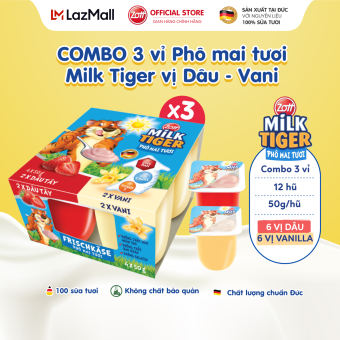 COMBO 3 vỉ Phô mai tươi Zott Milk Tiger vị Dâu - Vani nhập khẩu từ Đức, cho bé 6 tháng trở lên (vỉ – 50g x 4 hũ), có bộ đôi Canxi - Vitamin D