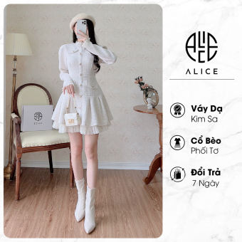 Váy Dạ Kim Sa Phối Tơ Nhũ Dáng Xoè ALICE Chất Vải Dày Dặn, Thiết Kế Dài Tay Cổ Bèo Thanh Lịch, Nữ Tính V1059