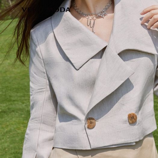 Vero Moda Áo Blazer Lửng Trơn Vải Lanh Hai Nút Có Ve Áo Cho Nữ 321208018