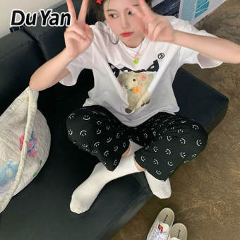 Du Yan Smile face print Black casual female loose home trousers can wear pajamas pants outside