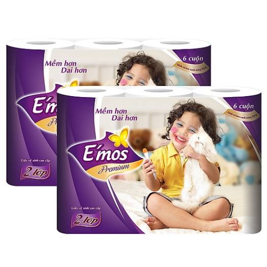 Giấy vệ sinh E'mos Premium cá heo xanh 6 cuộn x 2 lớp