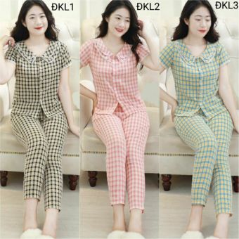 Quần áo mặc nhà nữ, đồ bộ mặc nhà mẫu thiết kế cổ kép kẻ caro thô mềm