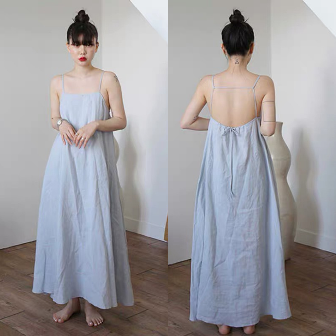 Đầm maxi , Đầm yếm , Đầm 2 dây Cao Cấp thiết kế màu xanh dáng suông dài qua gối hở lưng cột nơ sau - MiNhi Dress