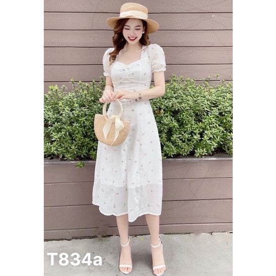 Đầm tay phồng dự tiệc nhún ngực có mút màu y hình voan lụa 2 lớp T834a