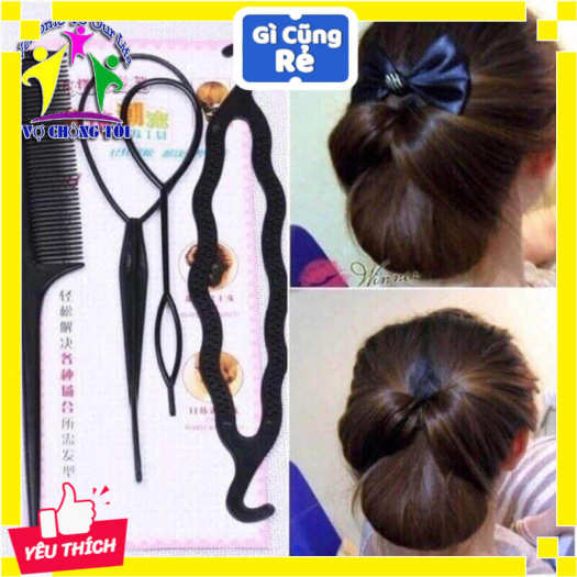 Bộ dụng cụ phụ kiện tóc nữ 4 món, chải bới, búi tóc đa năng tại nhà - thương hiệu VỢ CHỒNG TÔI