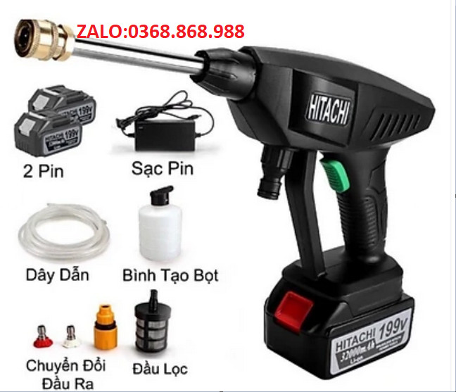 Máy rửa xe dùng pin mini, máy xịt rửa tăng áp hitachi 199v, bộ 2pin áp lực cao 1400w