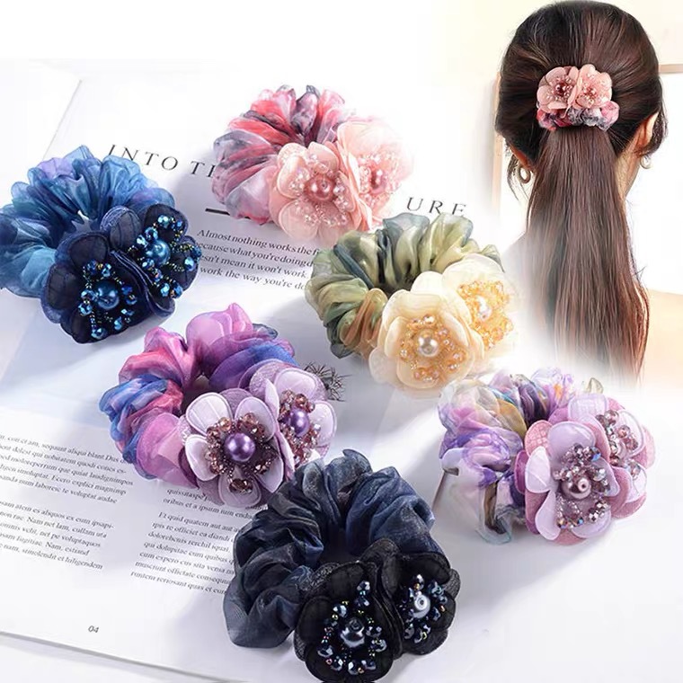 Elegant temperament flower hair rope crystal ponytail rubber band hair tie women's fashion boutique hair accessories