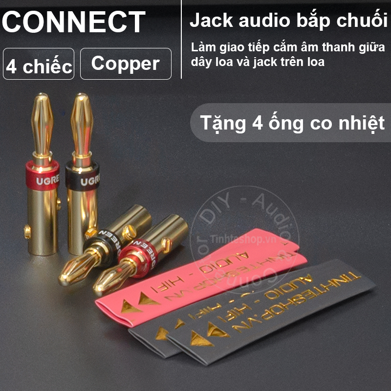 Jack bắp chuối đồng mạ vàng 24K 4 chiếc Ugreen 30513 kèm ống co nhiệt