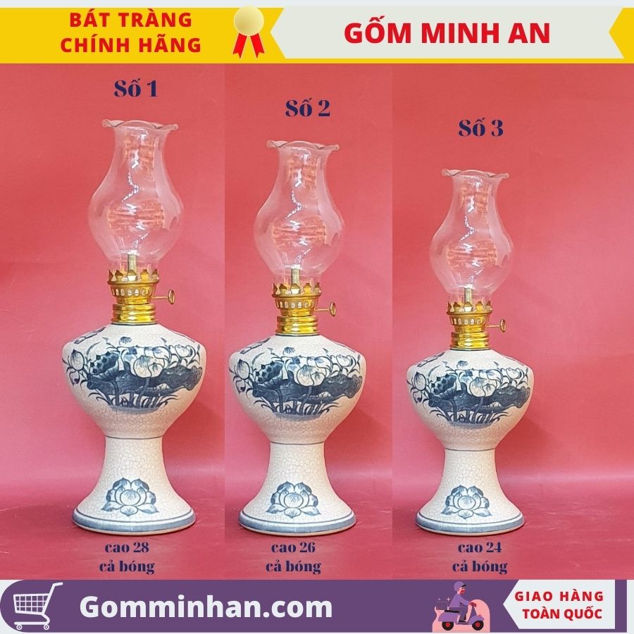 Đèn dầu thờ đèn thờ men rạn vẽ hoa văn cao cấp- gốm sứ bát tràng- gốm minh an