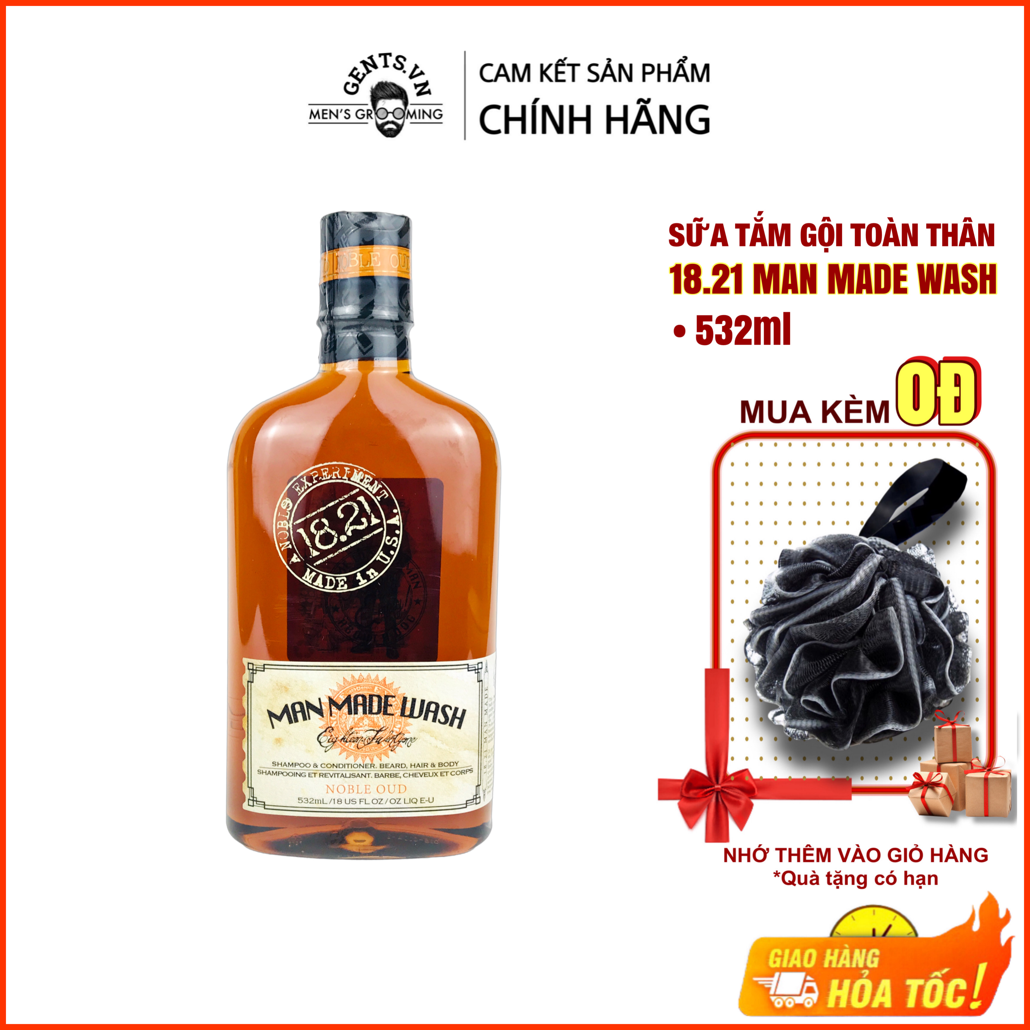 Sữa tắm dầu gội kết hợp xả 3in1 cho nam 18.21 man made wash 532ml/950ml - noble oud hương nước hoa thơm lâu