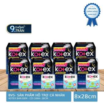 Bịch 8 Gói Băng Vệ Sinh Kotex Siêu Ban Đêm 9h Chống Tràn, Dày Cánh 28cm Tặng 5 Miếng Hàng Ngày Kháng Khuẩn/ Gói