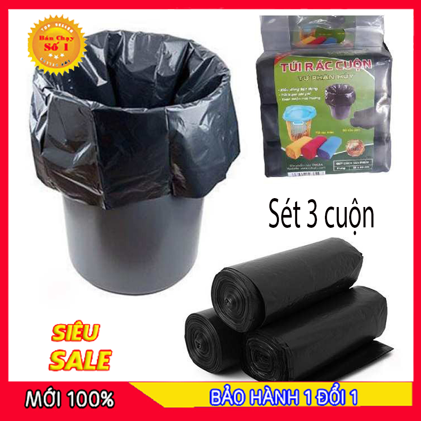 Lốc 3 cuộn túi đựng rác tự hủy - bịch nilon đựng rác cỡ lớn cao cấp