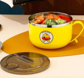 Ca Mì vịt vàng Inox Có Nắp Chống Đổ, Tô Đựng Thức Ăn Giữ Nhiệt